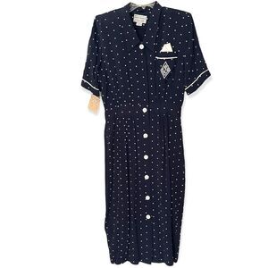 Vintage Deadstock Valerie Stevens Blue White Polka Dot Secretary Dress Sz 12